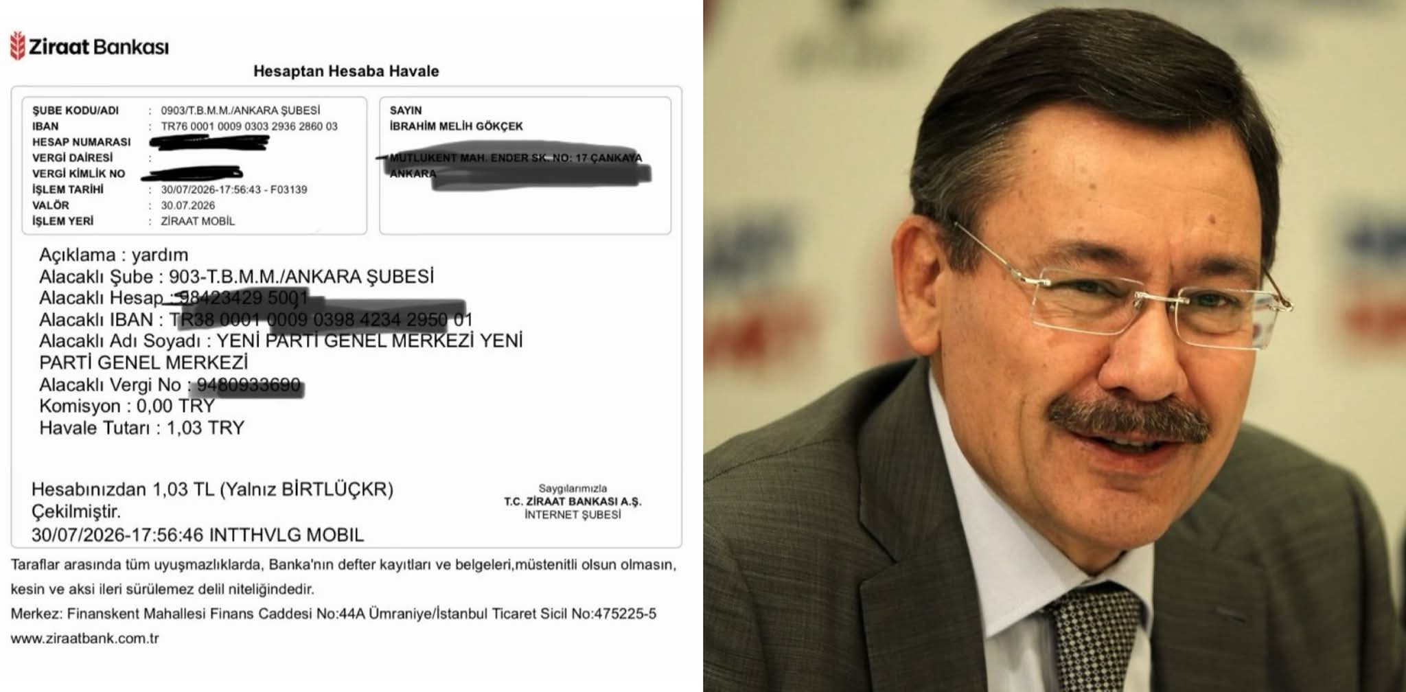 Yeni Parti'den Melih Gökçek'in bağışına veto: 1,03 TL iade edildi
